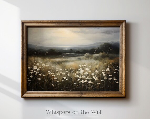 Muted Wildflower Landscape Oil Painting White Oleander Wall Art Print Moody Art Neutral Home Decor Floral Wall Art 019