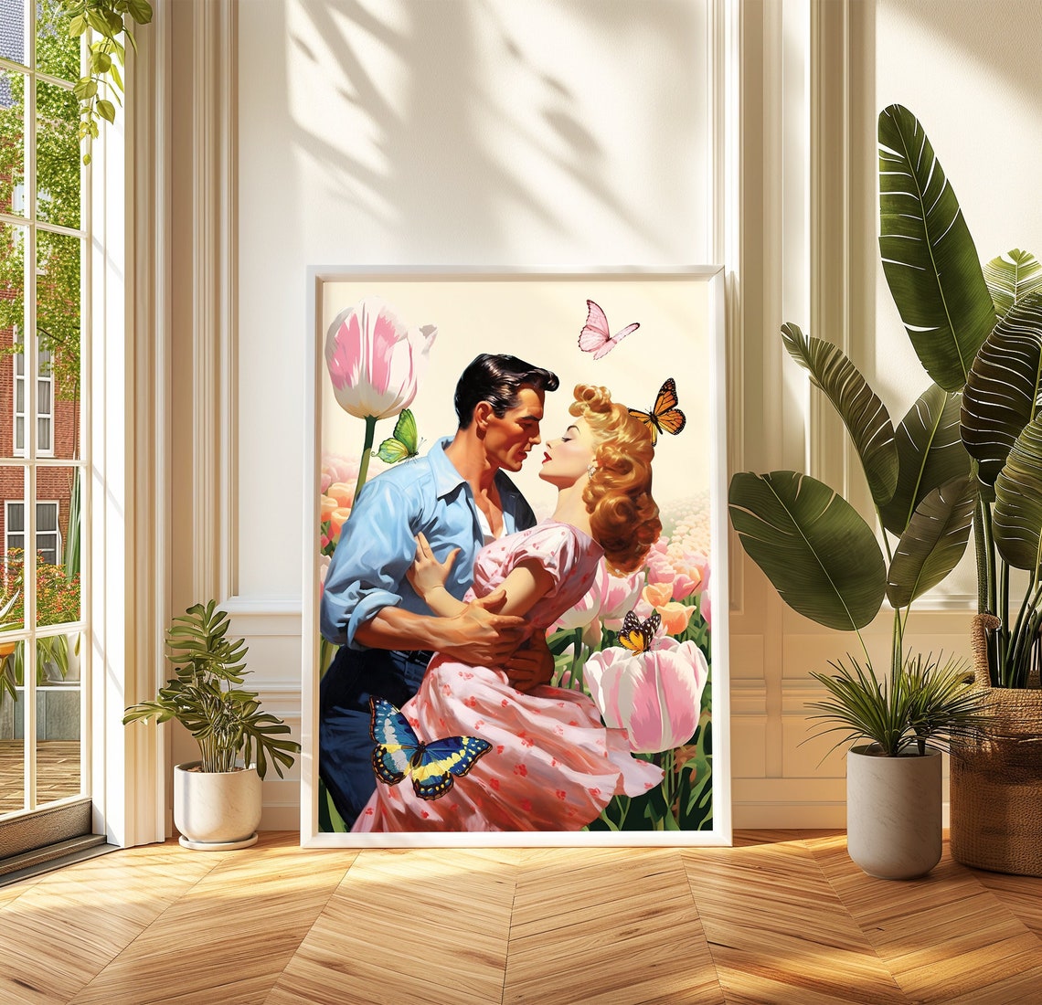 Blossoming Love Vintage Romance Couple Tulips Butterflies Poster