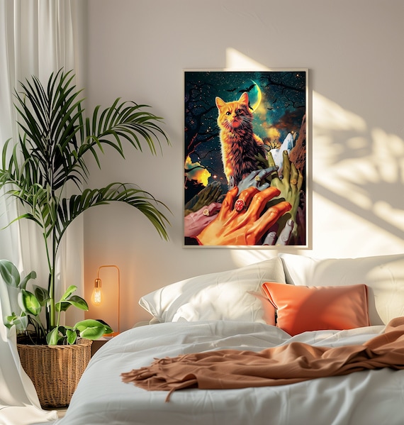 Meows Halloween Orange Cat Moon Bats Night Sky Surreal Art Poster