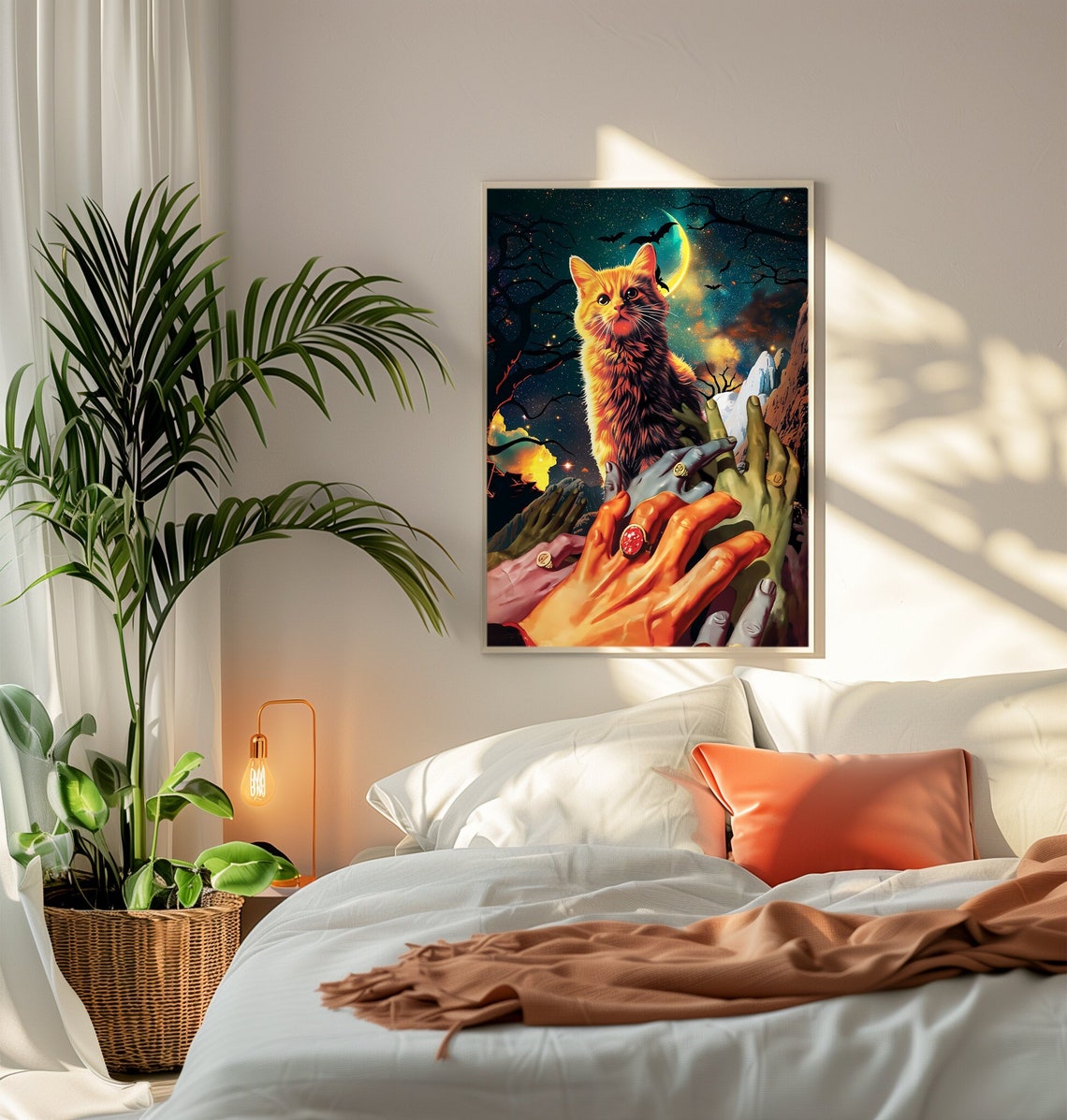 Meows Halloween Orange Cat Moon Bats Night Sky Surreal Art Poster