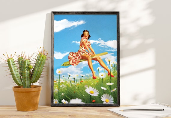 High Flying Pin Up Girl Surreal Art Collage Art Retro Wall Art Psychedelic Art Weed Art 70s Pinup Art