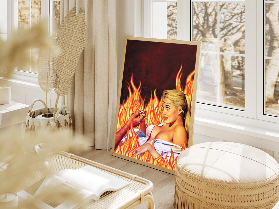 Blaze Of Passion Pinup Girl Lighting Flames Retro Surreal Poster - Image 2