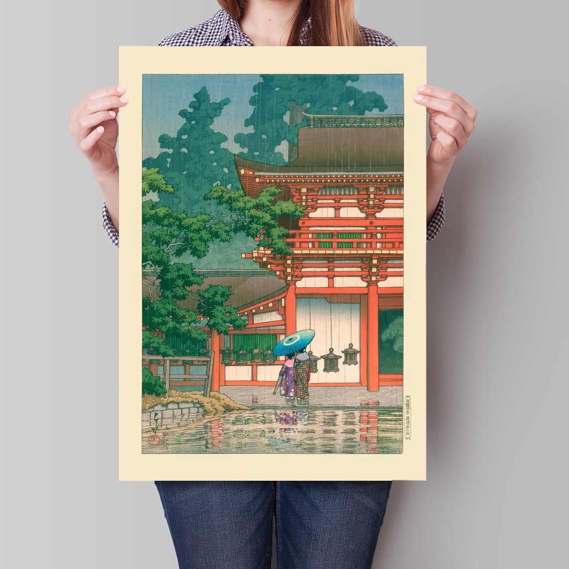 Japanese Red Temple Rain Umbrellas Vintage Woodblock Style Poster - Image 4