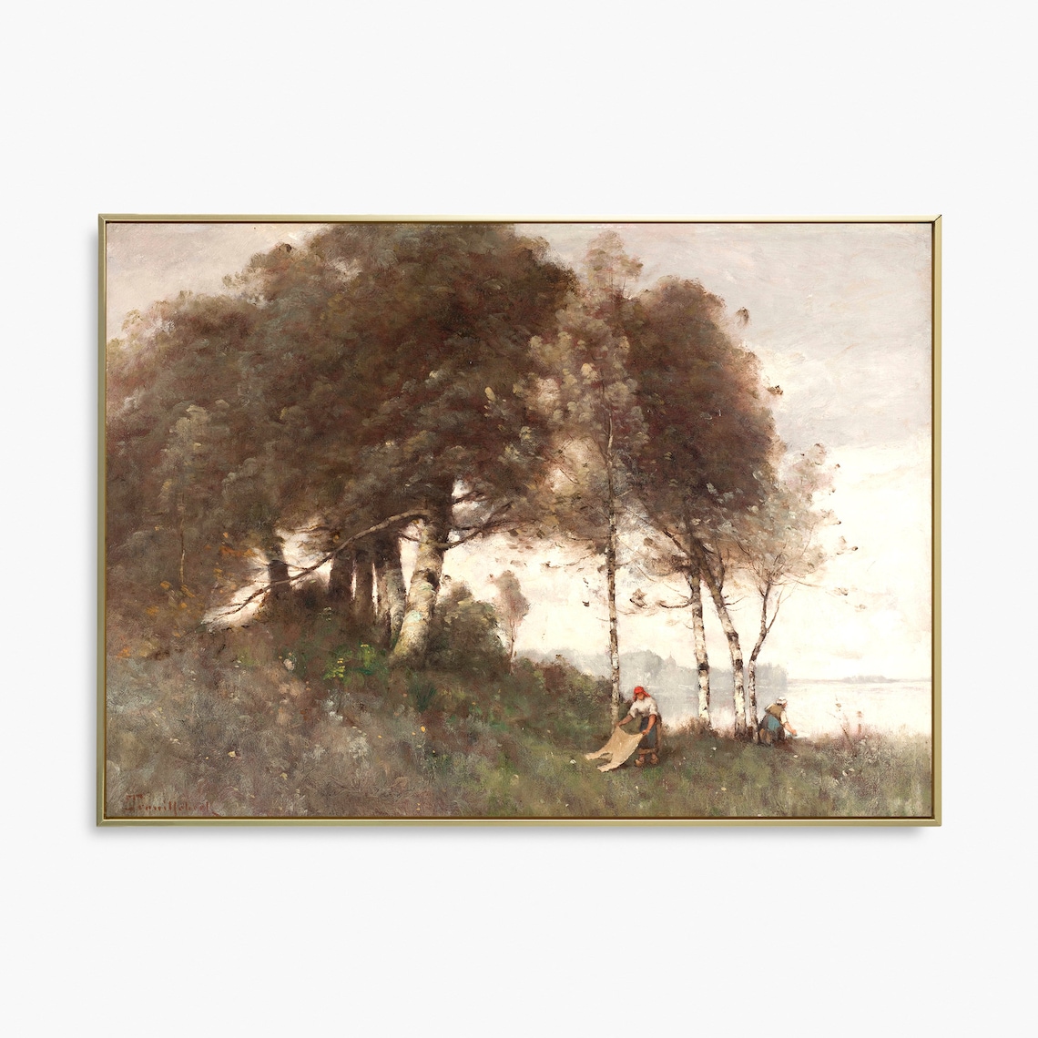 Vintage Oil Painting Birch Grove Washerwomen Bright Water Art Poster