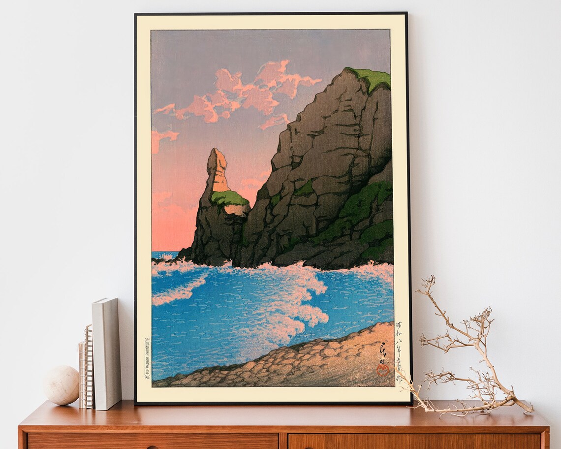 Japanese Sea Cliffs Sunset Beach Woodblock Style Coastal Poster