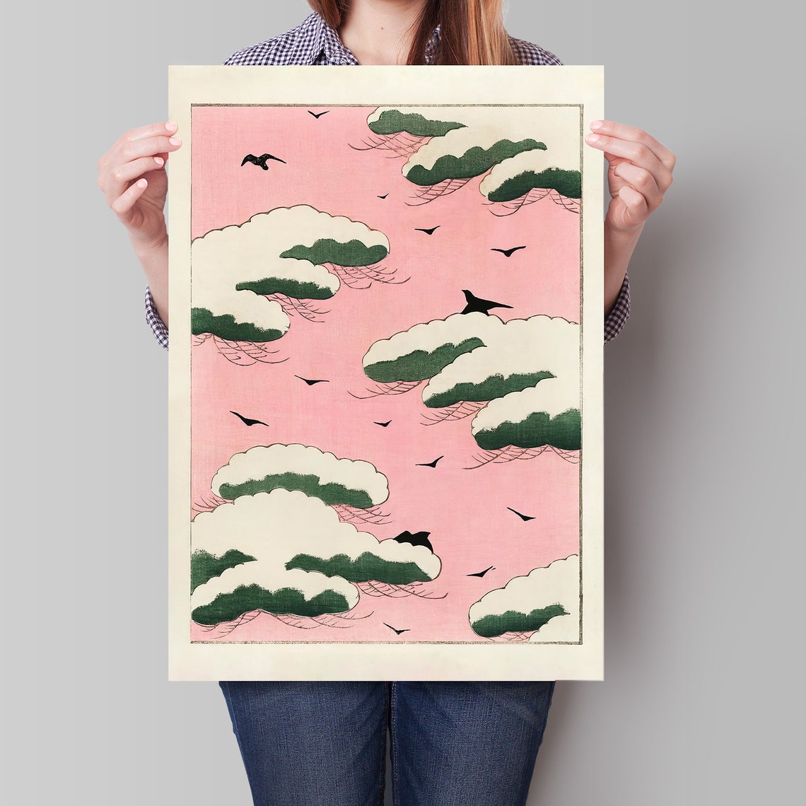 Japanese Snow Pines Pink Sky Birds Woodblock Style Art Poster - Image 4