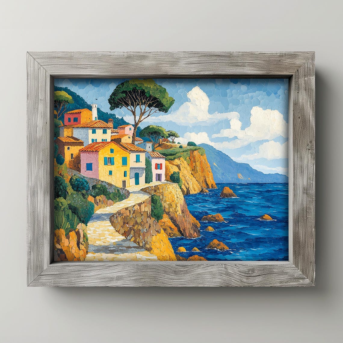 Mediterranean Cliffside Village Mosaic Style Colorful Coastal Poster