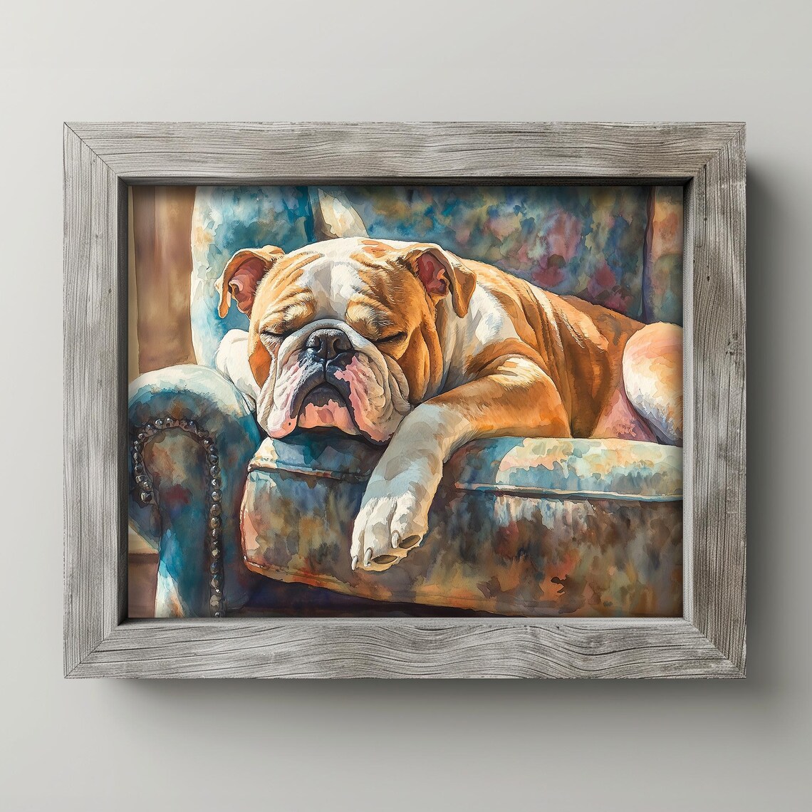 Sleeping English Bulldog Cozy Armchair Watercolor Pet Wall Art