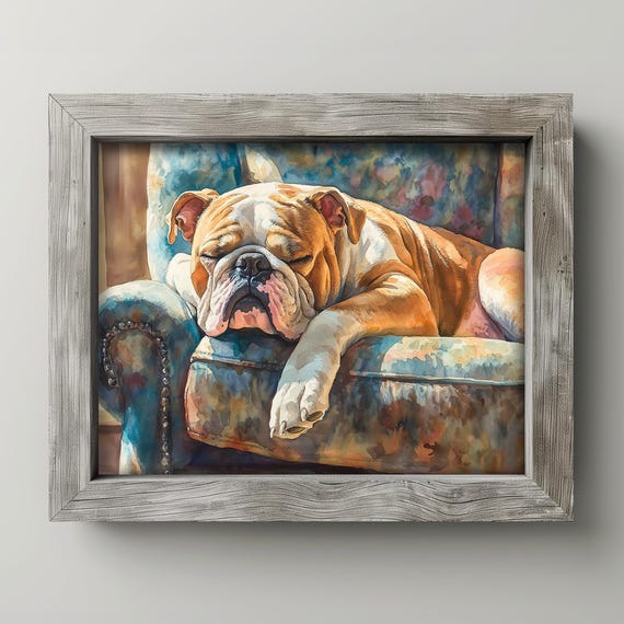 Cozy Bulldog On Armchair Painting Rustic Wall Art Watercolor Pet Decor Vintage Dog Illustration Animal Lover Gift 16
