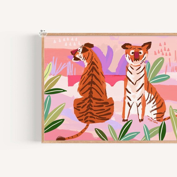 Two Pink Boho Tigers Whimsical Jungle Safari Nursery Art Poster