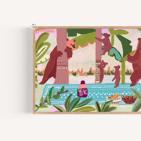 Boho Bear Picnic Print Whimsical Forest Animal Art
