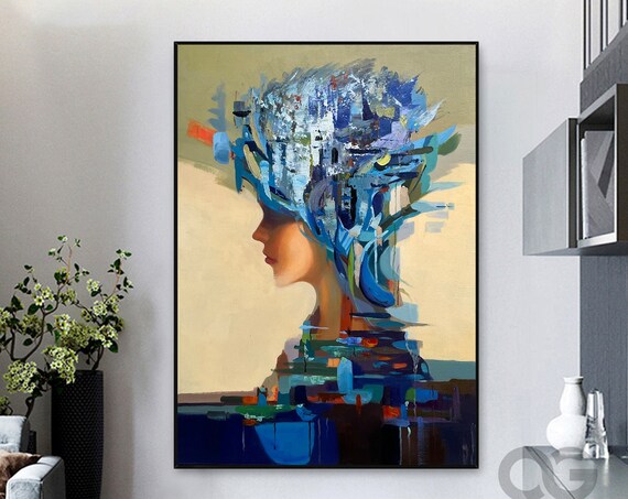 Blue Abstract Hair Woman Profile Painted Brushstroke Explosion Art Poster