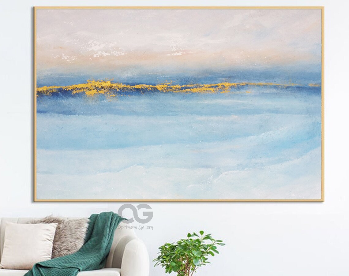 Light Blue Ocean Sunrise Abstract Seascape Gold Horizon Coastal Art Poster - Image 3