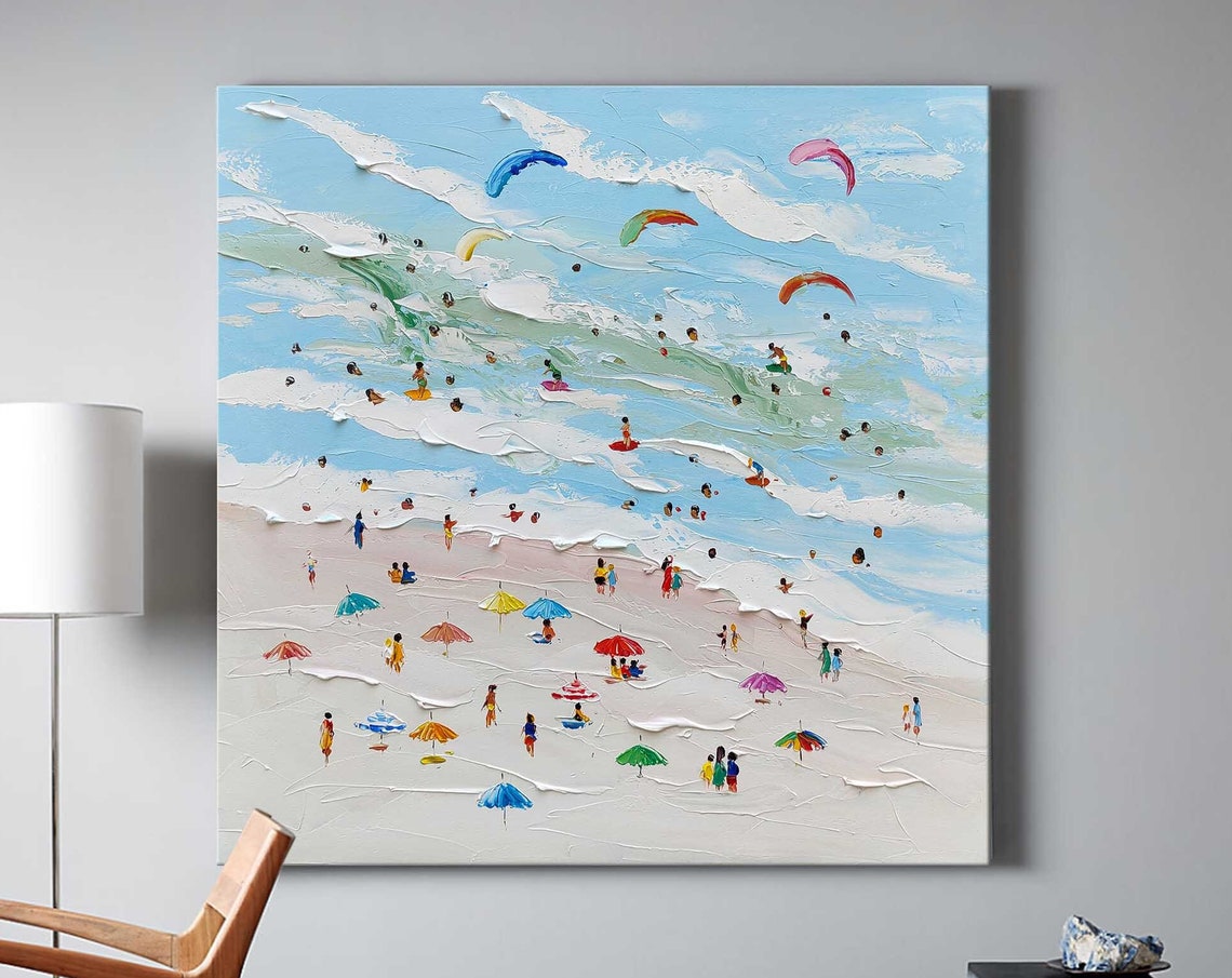 Sunny Beach Umbrellas Kitesurfers Textured Waves Crowded Shore Poster - Image 5