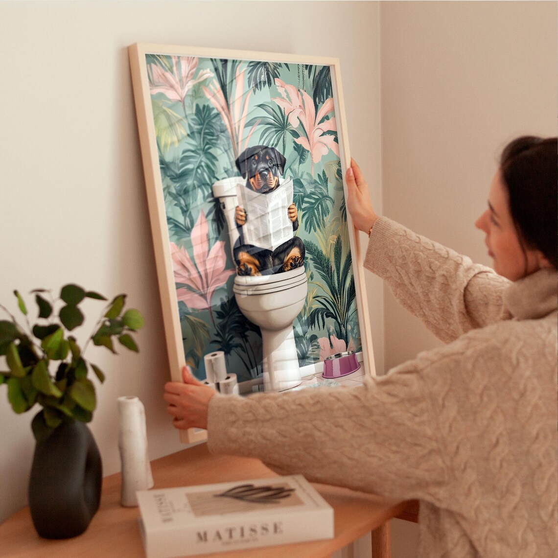 Rottweiler Puppy Reading the Paper on a Toilet Floral Poster - Image 2