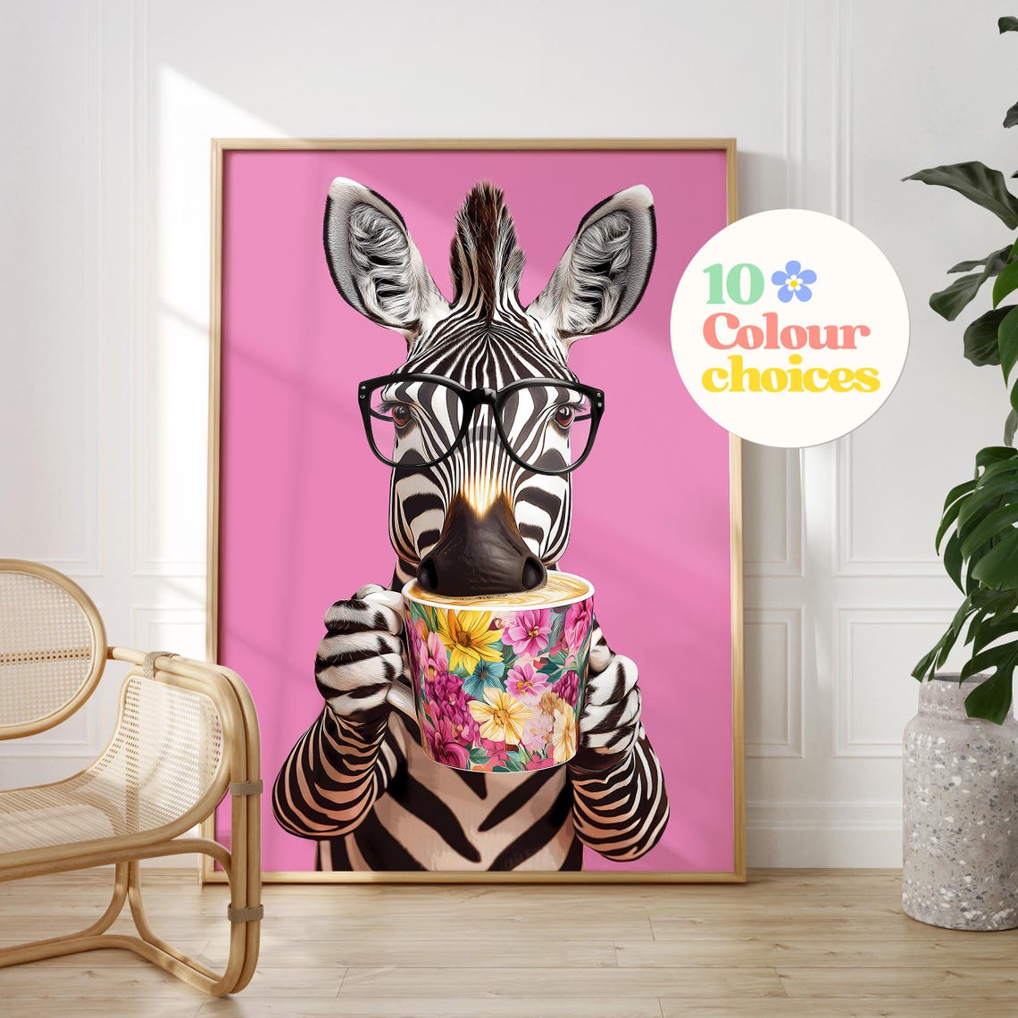 Zebra With Glasses Drinking Coffee From a Mug on a Pink Kitchen Poster