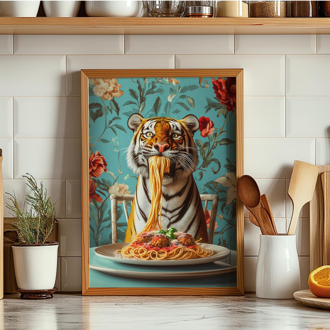 Tiger Slurping Spaghetti With Meatballs Floral Kitchen Poster - Image 6