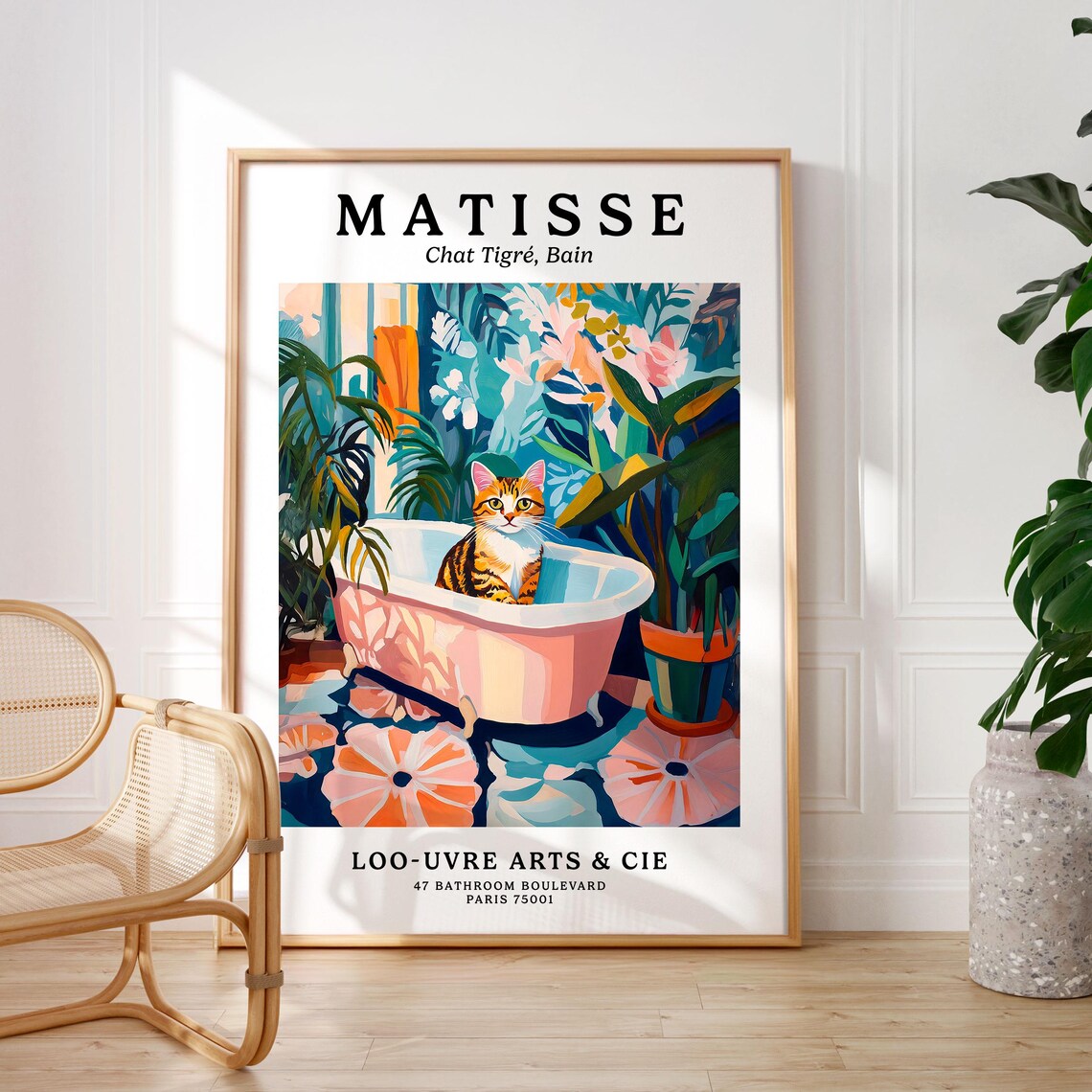 Matisse Style Tabby Cat in a Pink Clawfoot Bathtub Art Poster