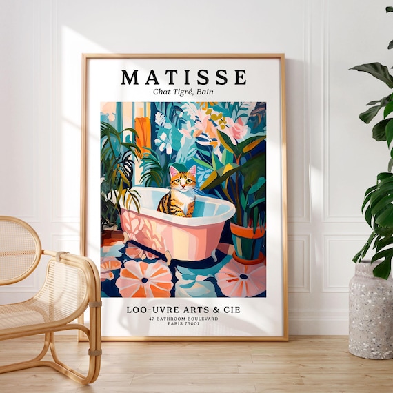 Matisse Style Tabby Cat in a Pink Clawfoot Bathtub Art Poster
