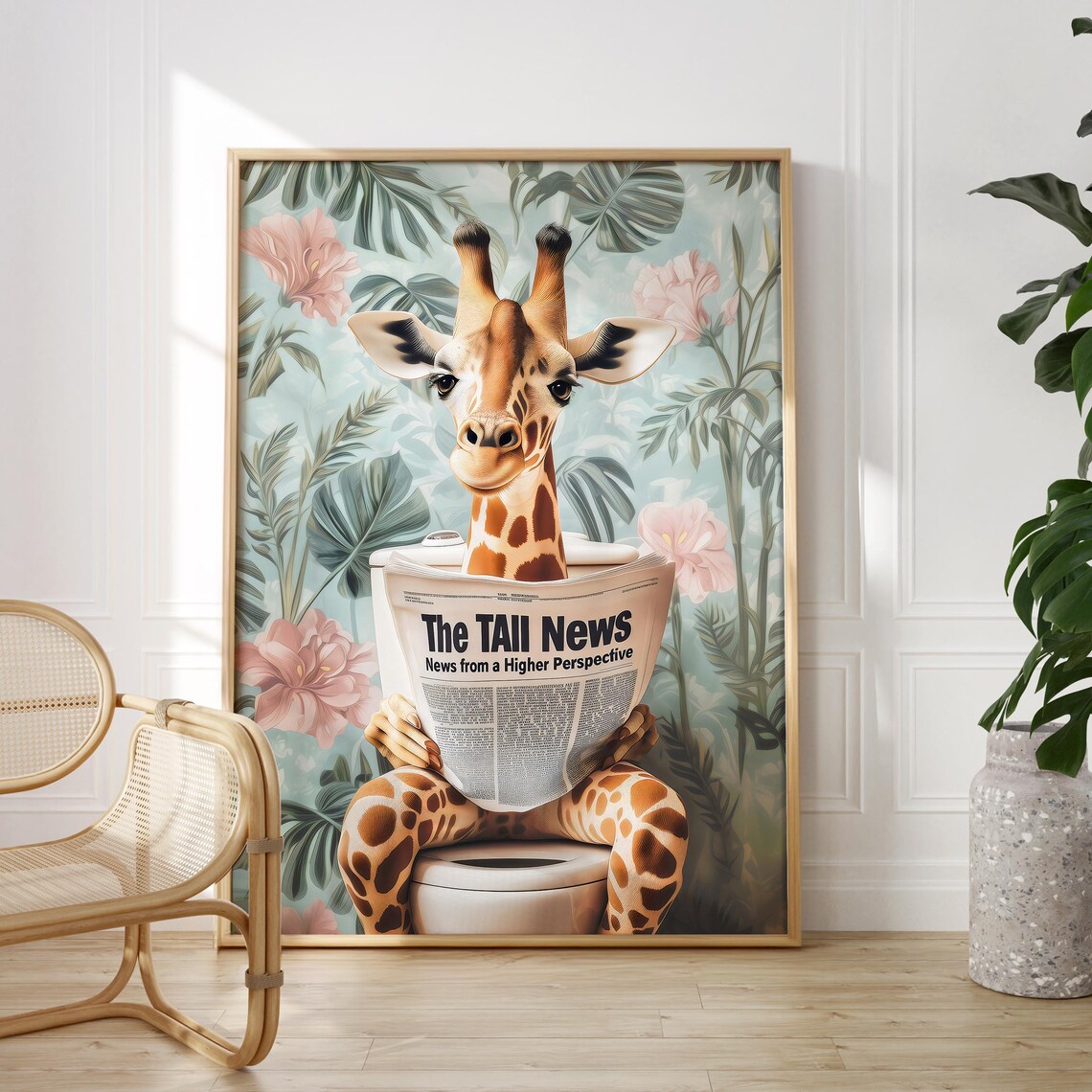 Giraffe Reading The Tall News on a Toilet in a Tropical Bathroom Poster
