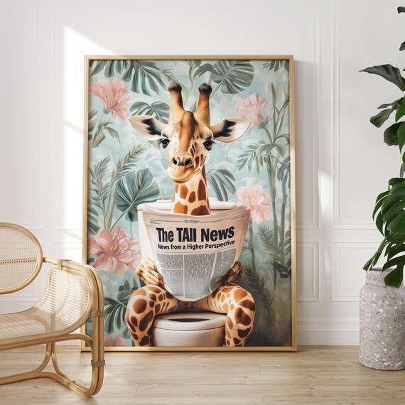 Giraffe Reading The Tall News on a Toilet in a Tropical Bathroom Poster