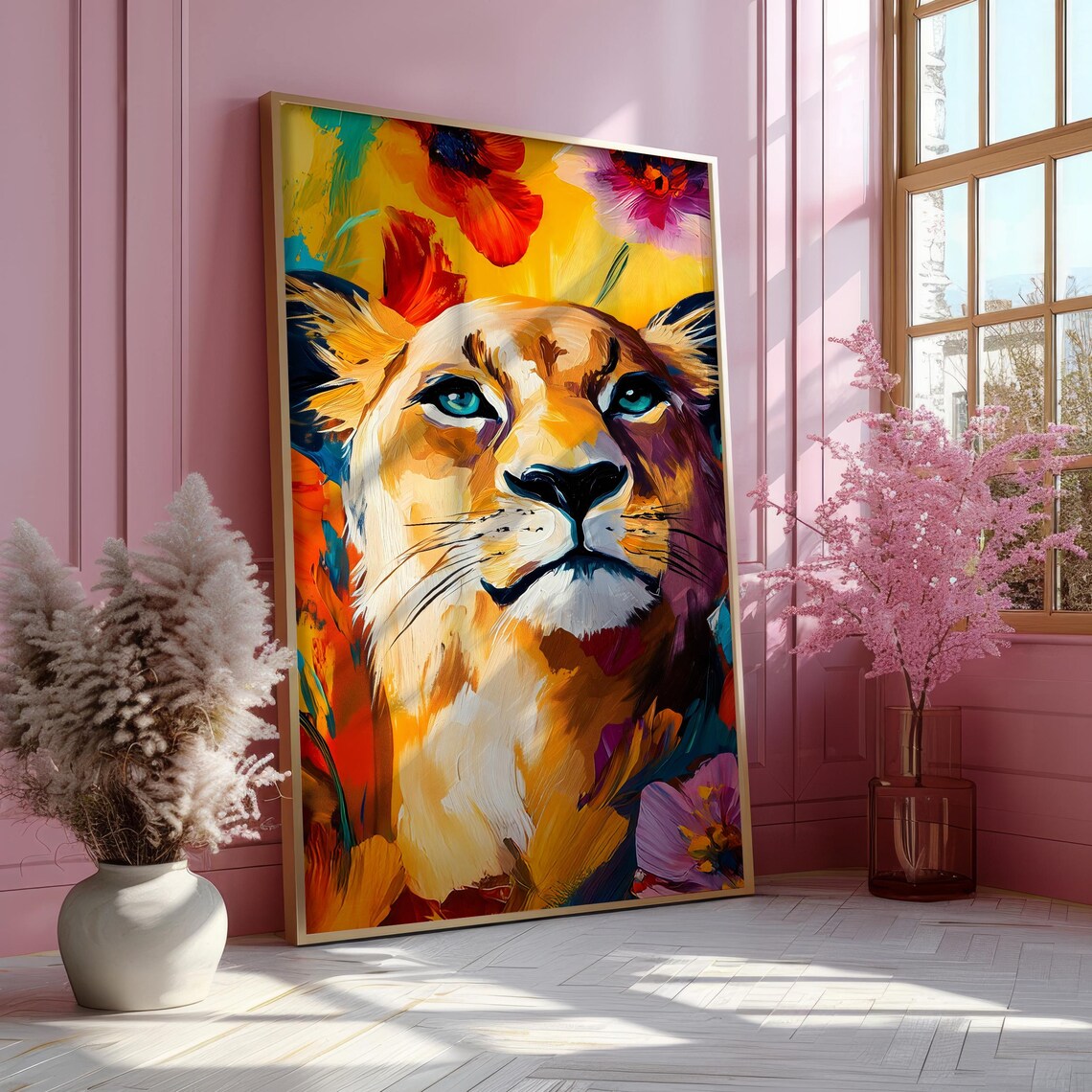 Lioness Portrait in Bold Colorful Paint With Blooming Flowers Poster - Image 7