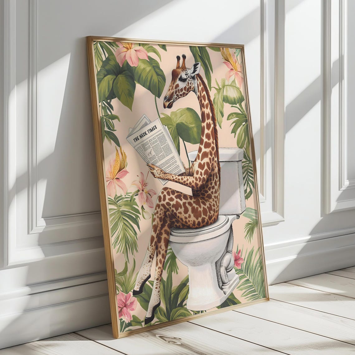 Giraffe Sitting on a Toilet Reading The Neck Times Bathroom Poster - Image 6