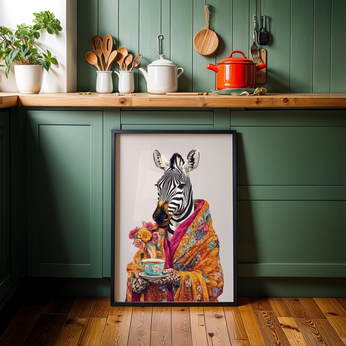 Zebra Wrapped in a Colorful Shawl Holding a Floral Teacup Poster - Image 3