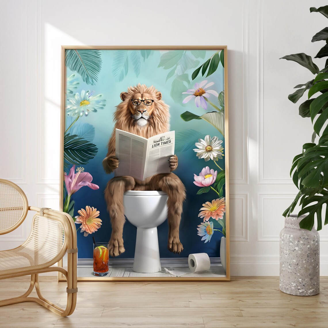 Lion in Glasses Reading the Lion Times on a Toilet Teal Poster - Image 5