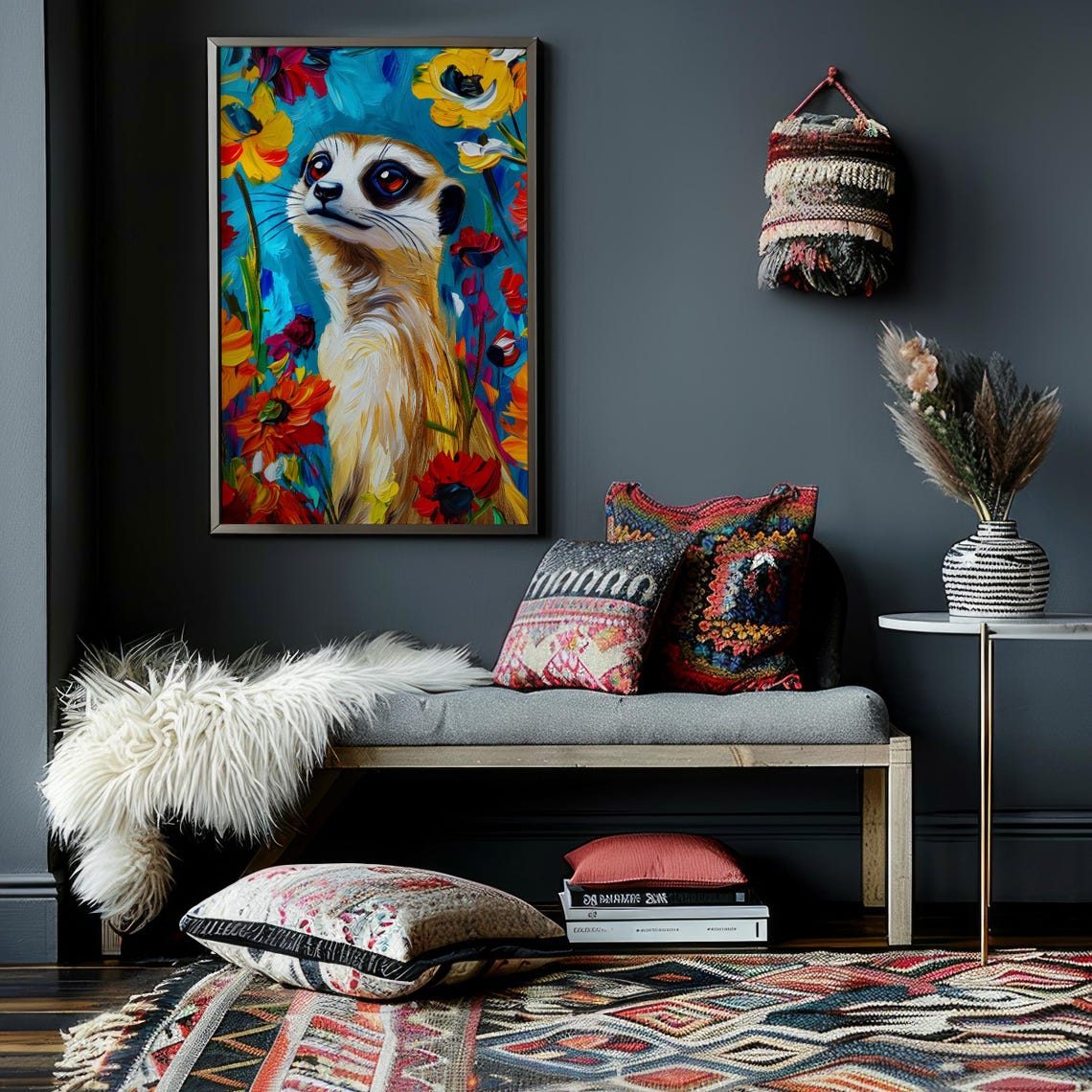 Meerkat in Bold Colorful Paint Surrounded by Bright Flowers Poster - Image 2