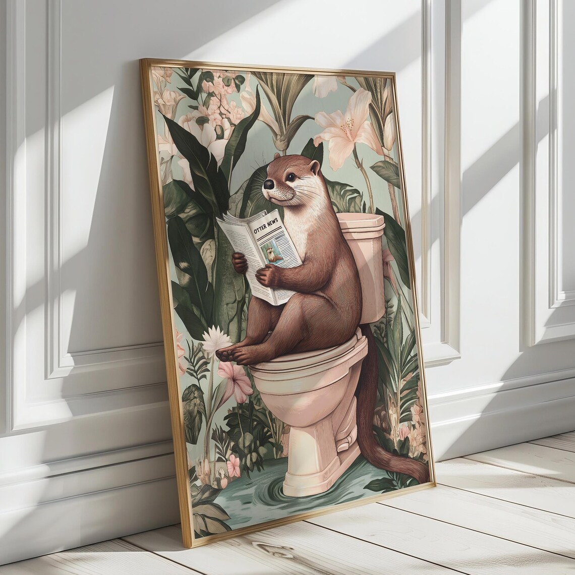 Cute Otter on a Toilet Reading Otter News Floral Bathroom Poster - Image 6