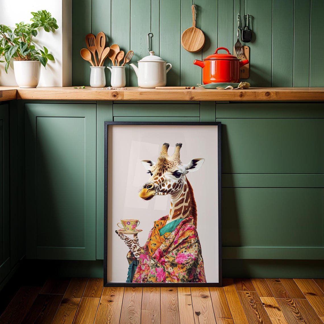 Giraffe In Floral Kimono Holding A Tea Cup On Hot Pink Poster - Image 3