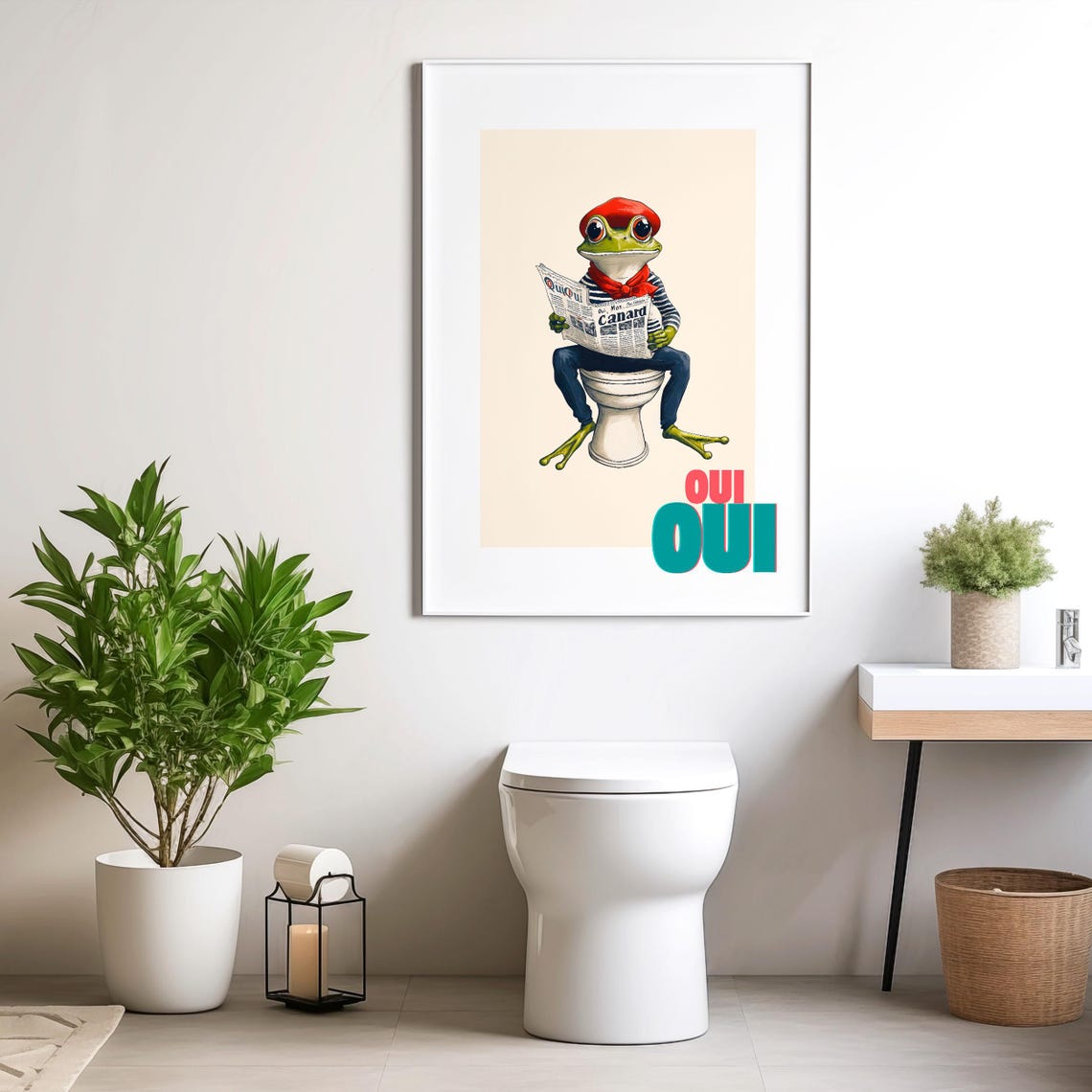 Oui Oui French Frog in a Red Beret on a Toilet Reading a Poster - Image 4