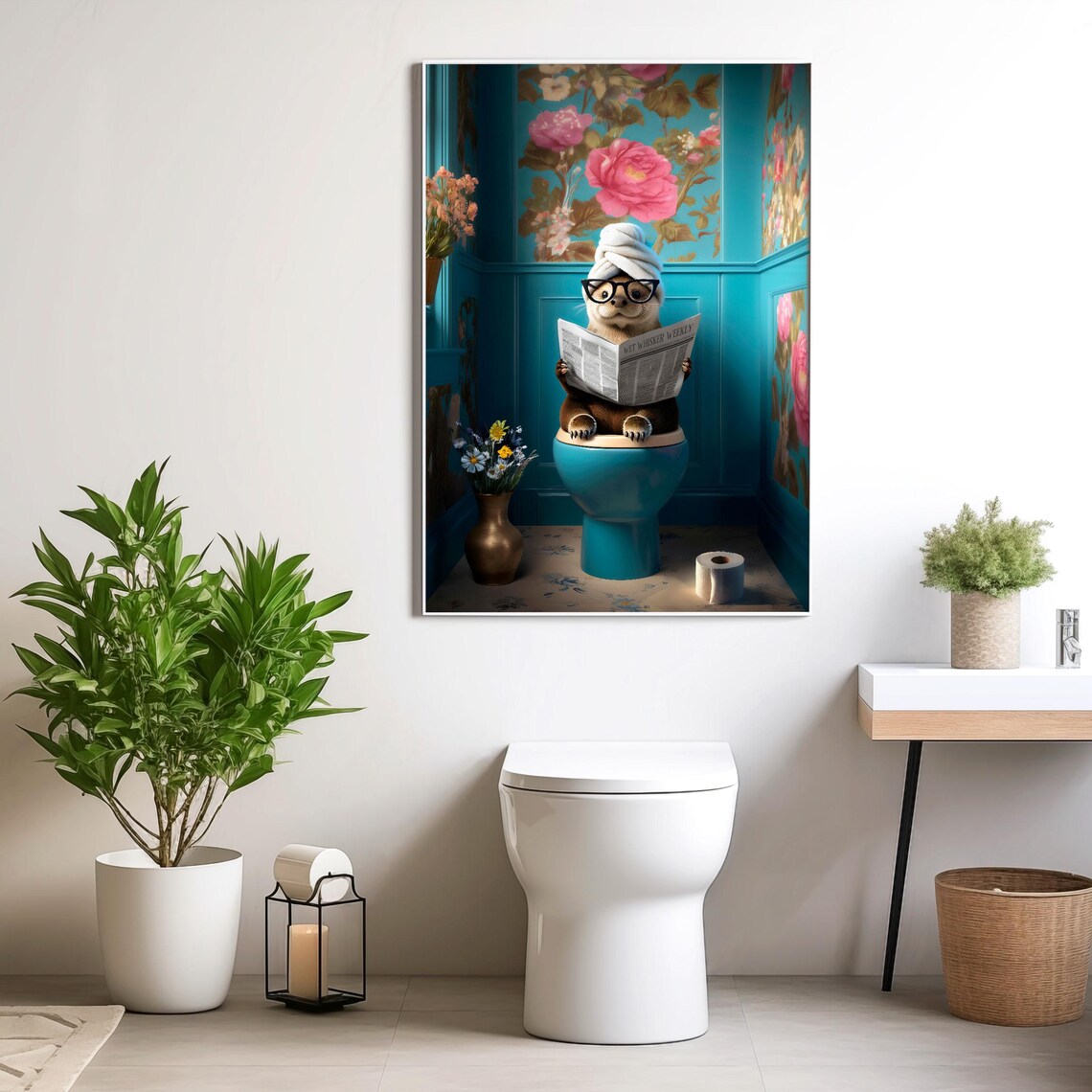 Otter With Glasses Reading Wet Whisker Weekly on a Teal Toilet Poster - Image 5
