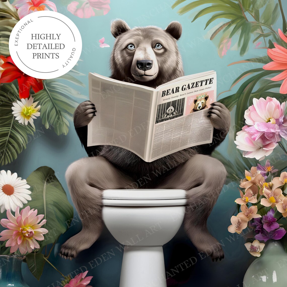 Brown Bear Reading the Bear Gazette on a Toilet Floral Poster - Image 7