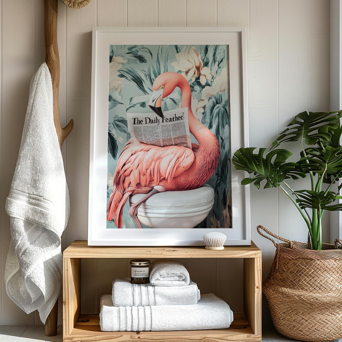 Flamingo Reading The Daily Feather on a Toilet Botanical Poster - Image 2
