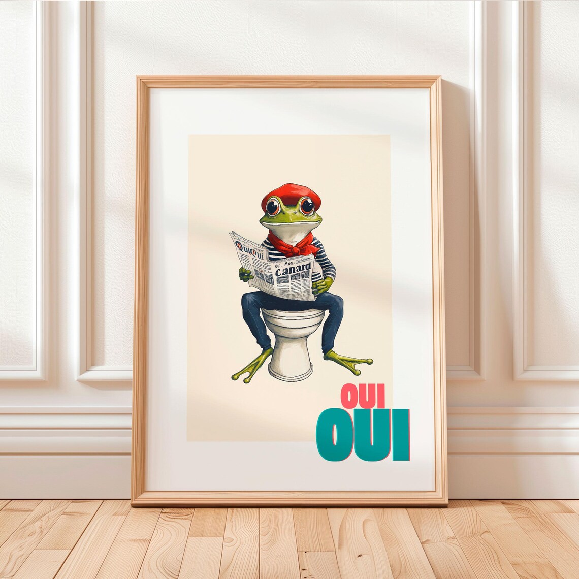 Oui Oui French Frog in a Red Beret on a Toilet Reading a Poster