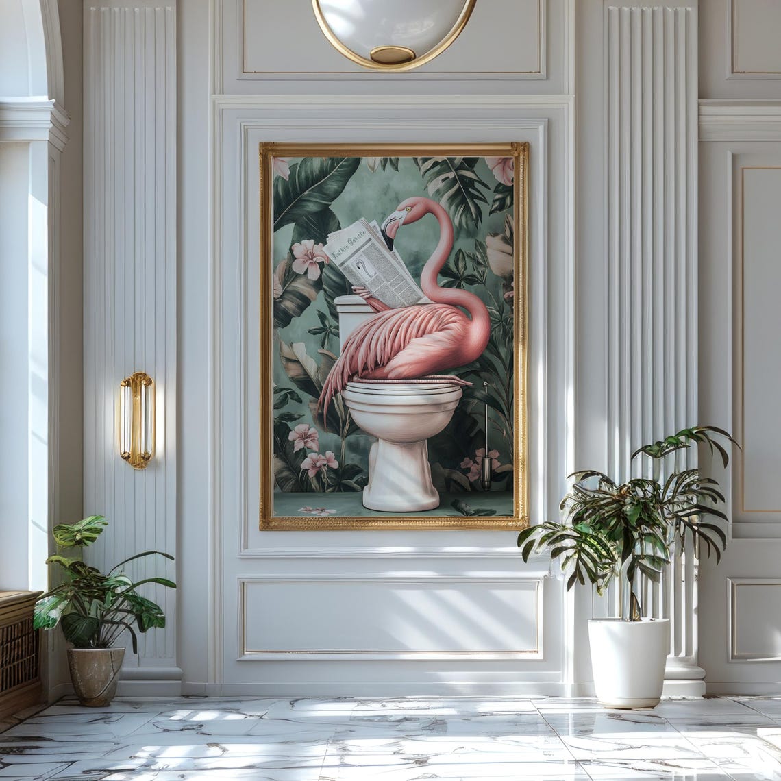 Flamingo on a Toilet Reading the Feather Gazette Bathroom Poster - Image 2