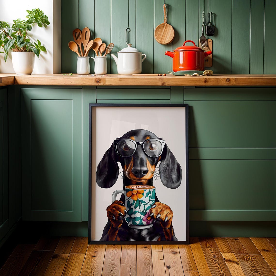 Dachshund Wearing Glasses Holding Floral Coffee Mug On Teal Poster - Image 2