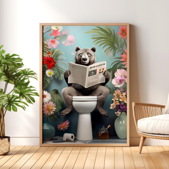 Brown Bear Reading the Bear Gazette on a Toilet Floral Poster