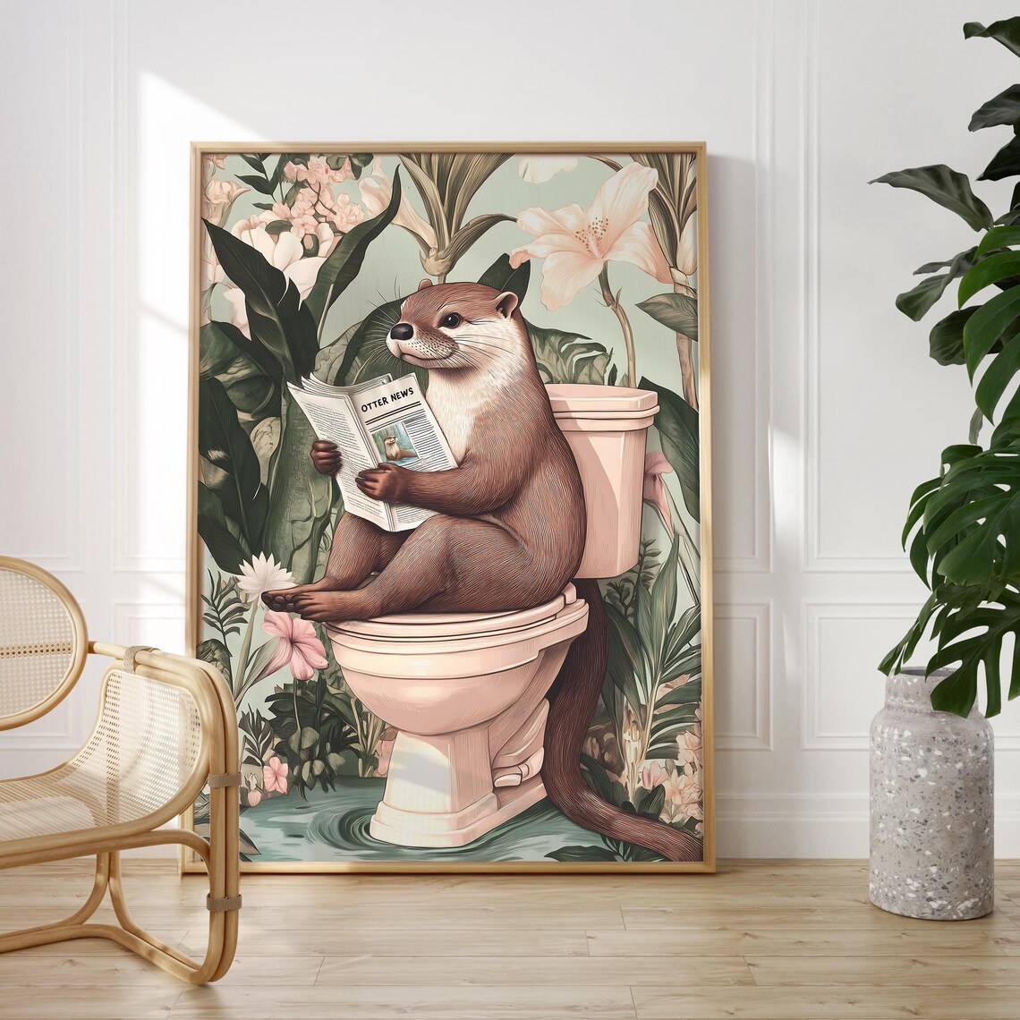 Cute Otter on a Toilet Reading Otter News Floral Bathroom Poster