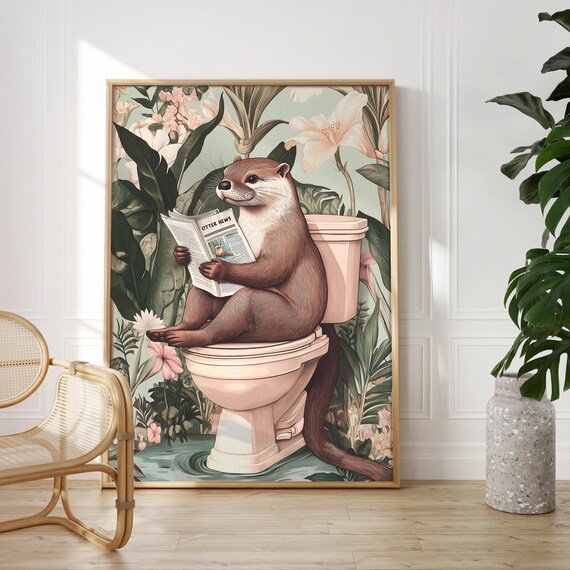 Cute Otter on a Toilet Reading Otter News Floral Bathroom Poster