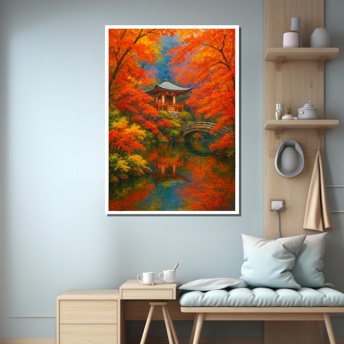 Japanese Temple In Autumn Forest, Landscape Art Print - Image 3