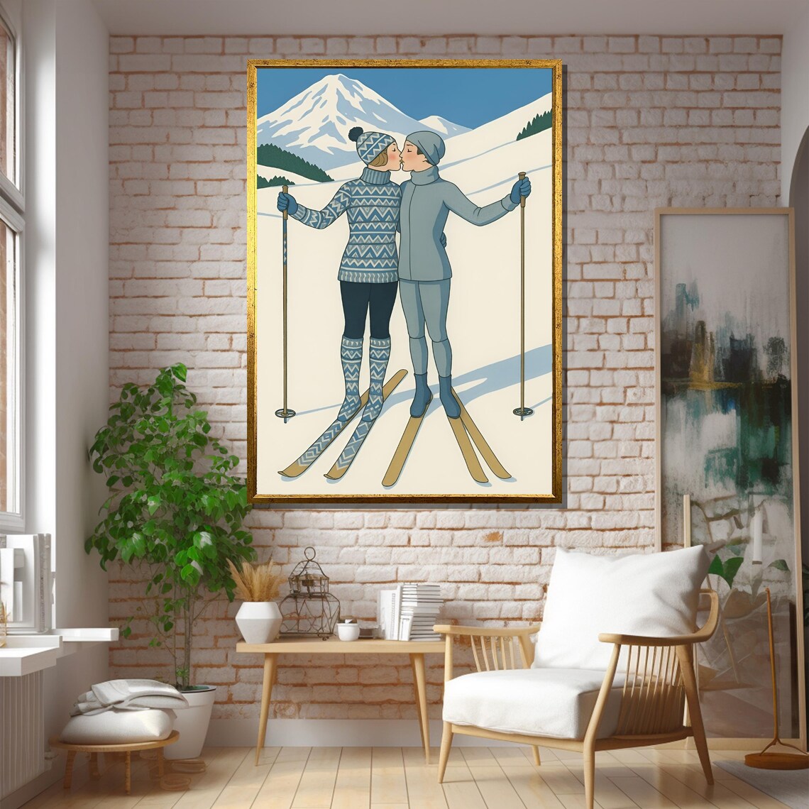 Romantic Ski Couple Painting, Winter Love Decor - Image 5