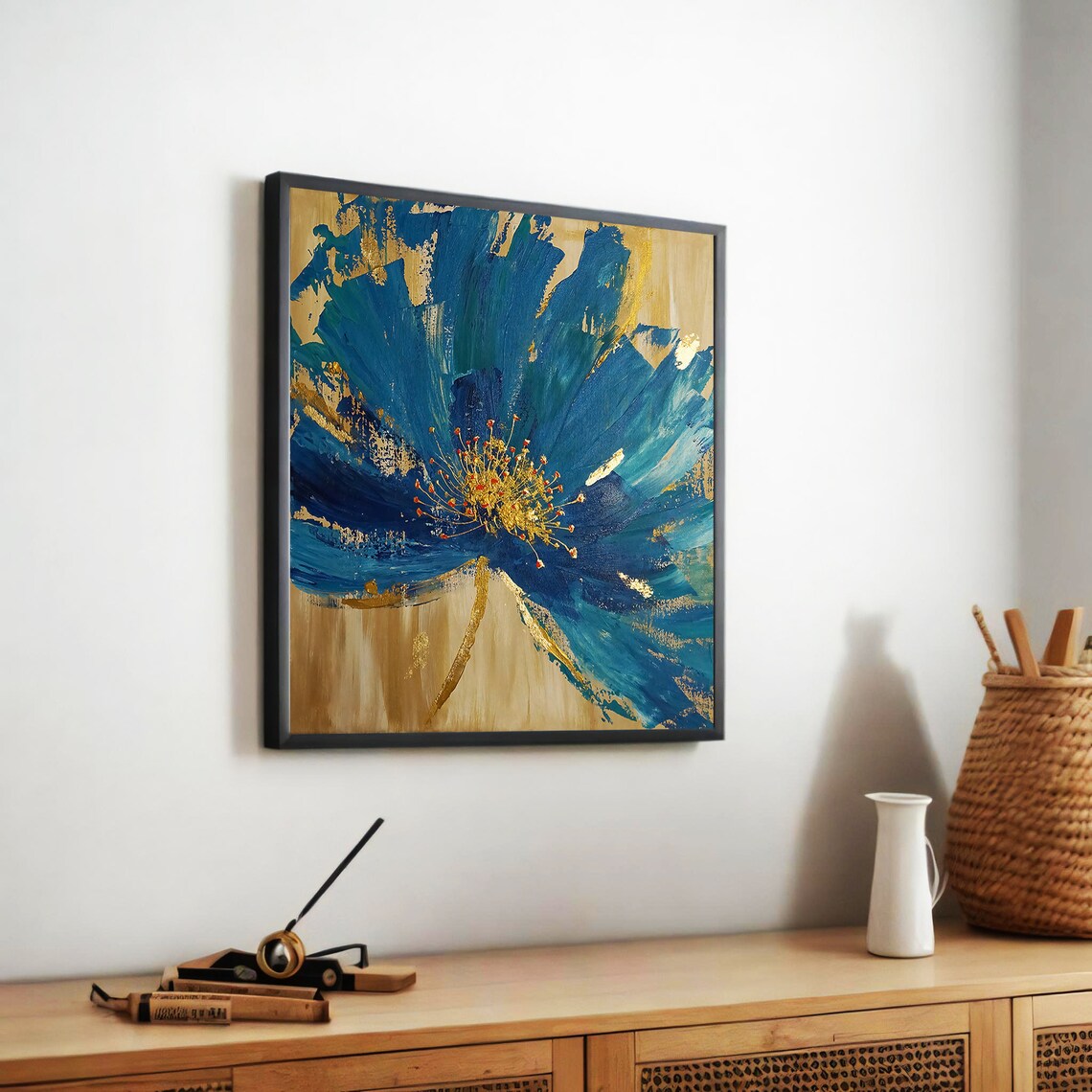 Blue Flower With Gold Details, Modern Floral Art Print - Image 5
