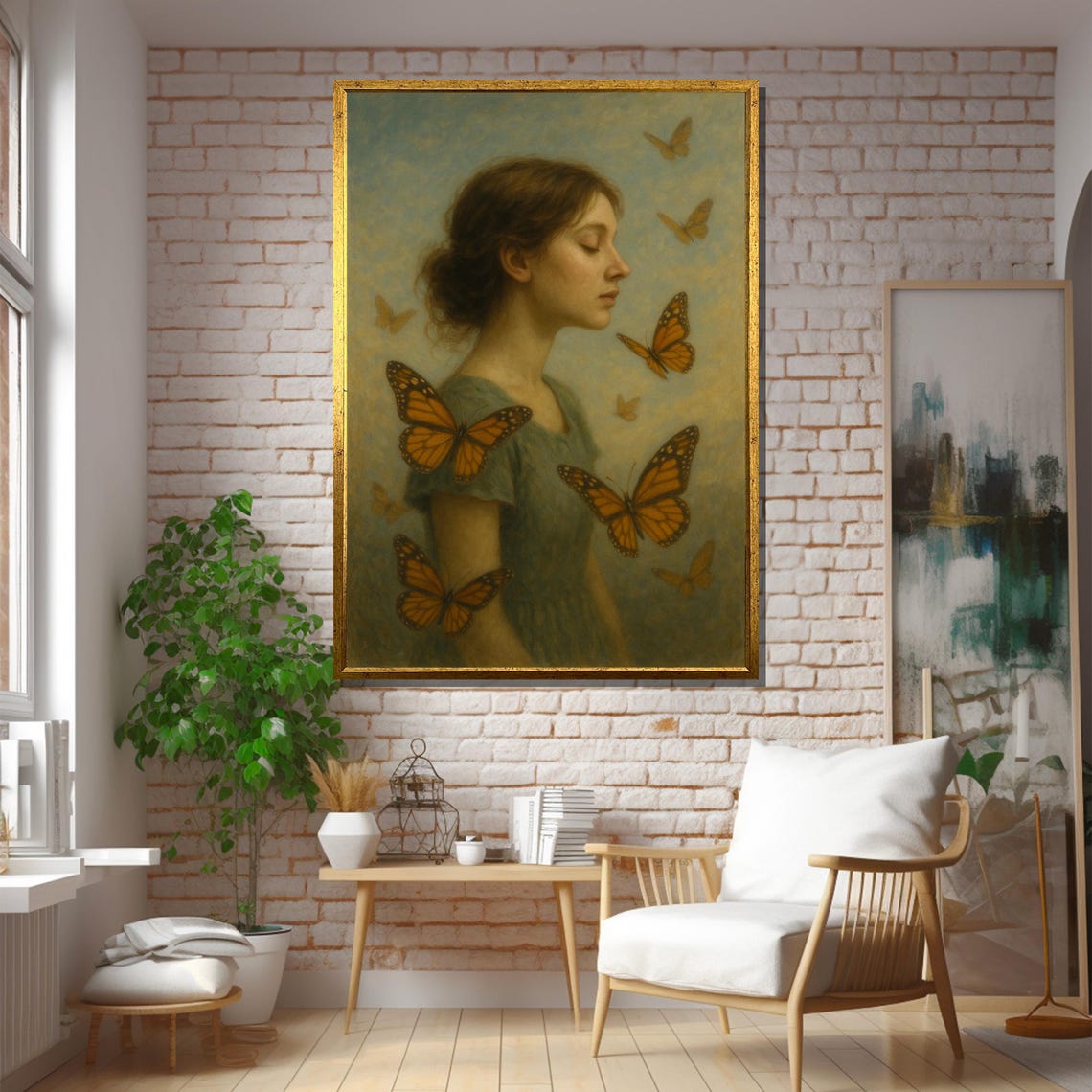 Girl With Butterflies, Blue Dress Art Print - Image 5