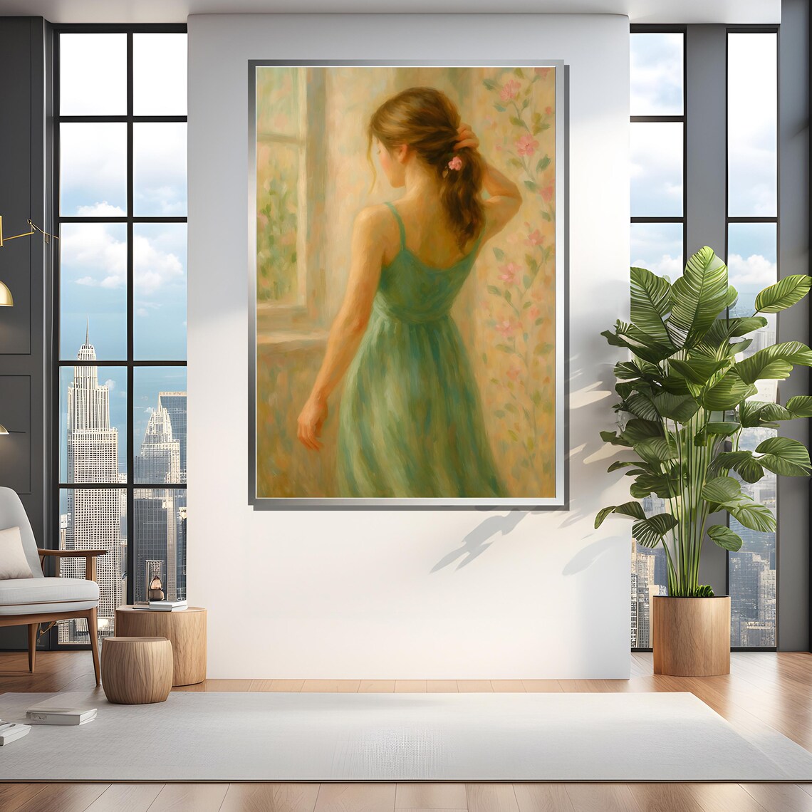 Romantic Woman in Green Dress at Sunlit Window Painting Poster - Image 4
