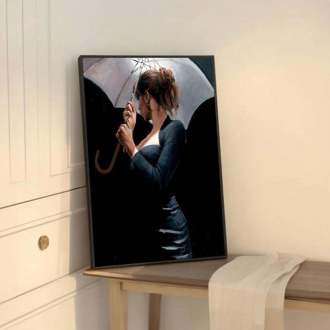 Elegant Woman in Black Dress Holding Umbrella, Modern Art Print - Image 5