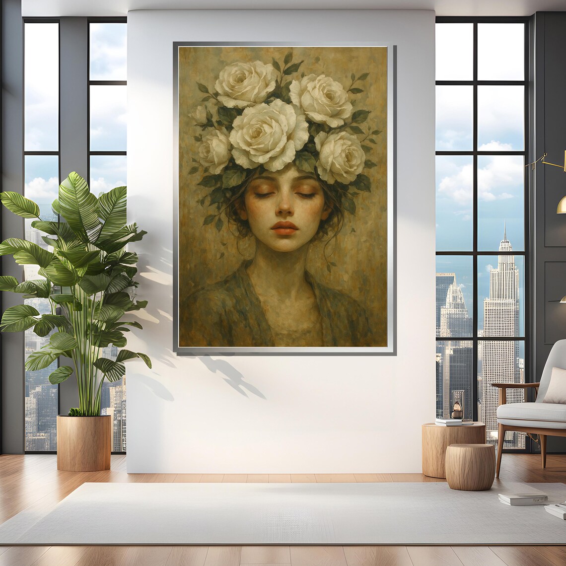 Dreamy Woman With White Roses Art Print - Image 4