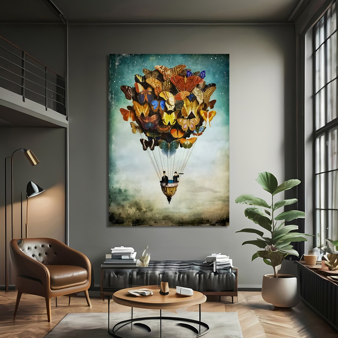 Whimsical Modern Hot Air Balloon Butterfly Art Print - Image 3